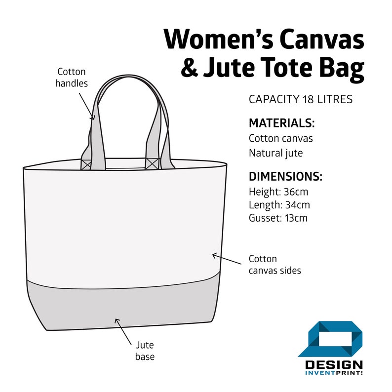 May include: A white canvas and jute tote bag with cotton handles. The bag has a capacity of 18 liters. The dimensions are: height 36 cm, length 34 cm, and gusset 13 cm.  "DESIGN INVENTPRINT!" is printed on the bottom right corner of the image.