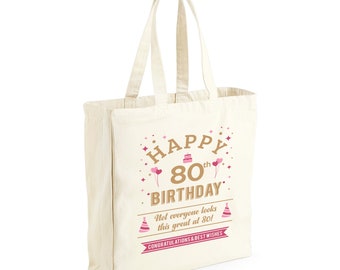 80th Birthday Gift Bag for Age 80 Years Old Present Idea Keepsake Reusable Tote Shopping Bag Decorations - 40cm x 39cm x 13cm
