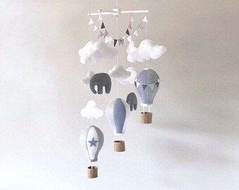 Baby Mobile / Nursery Mobile / Hot Air Balloon Mobile / Crib Mobile / Cot Mobile / Elephant Mobile / Clouds Mobile / Grey and White Nursery