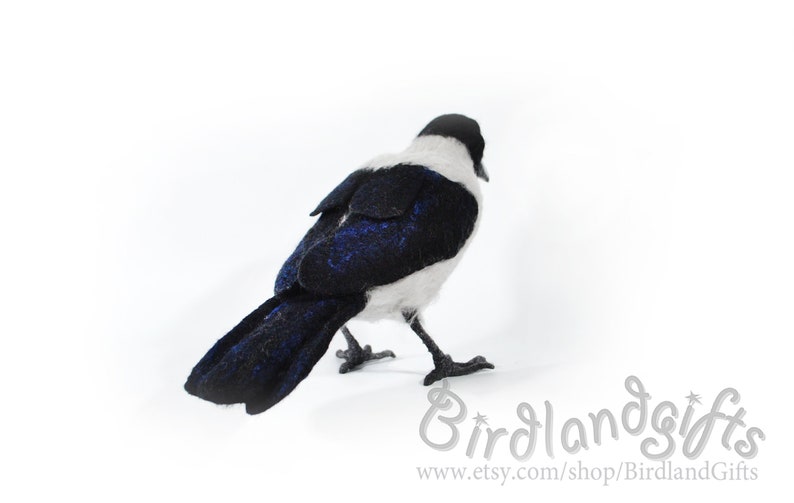 The Hooded Crow Corvus cornix felt bird sculpture The real sized felted Hoodie is action figure of the Eurasian smart ass and hooligan. image 7