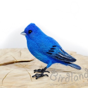 The felt bird- Indigo Bunting handmade naturalistic sculpture in Waldorf style for your kids and beloved people. Wildlife lifelike art.