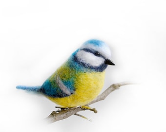 Xmas Tree Decor-Blue Tit-The handcrafted felted action figure of the beautiful European bird. Christmas Gift