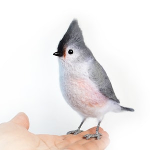 Realistic felt toy - Tufted Titmice - also known as Grey-crested Titmice. Wildlife lifelike felt art.