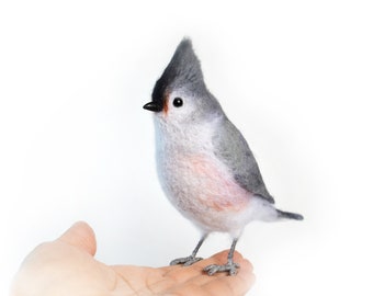 Realistic felt toy - Tufted Titmice - also known as Grey-crested Titmice. Wildlife lifelike felt art.