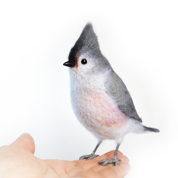 Realistic felt toy - Tufted Titmice - also known as Grey-crested Titmice. Wildlife lifelike felt art.