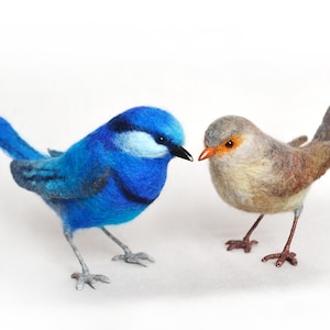 Wedding bird&#39;s pair - Splendid Fairy-wren - handmade naturalistic Bright and beautiful sculpture in Waldorf style.