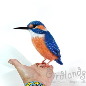 Puede incluir: Un martín pescador de fieltro hecho a mano con un largo pico negro, posado en una mano. El ave presenta colores vibrantes azules, naranjas y blancos. El cuerpo del ave es una mezcla de naranja y blanco, con alas y cabeza azules.