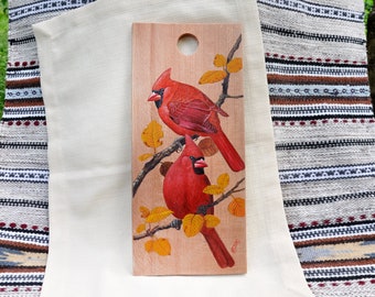 Hand-painted cutting board with a pair of Cardinal birds is a wonderful decoration of your kitchen, dining room, grill area. Unique gift.