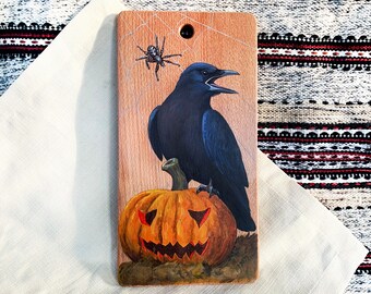 Hand-painted cutting board with a American crow bird is a wonderful decoration of your kitchen, dining room, grill area. Unique gift.