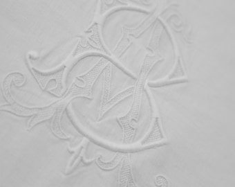 French antique pure linen embroidered Bedsheet - BA monogram