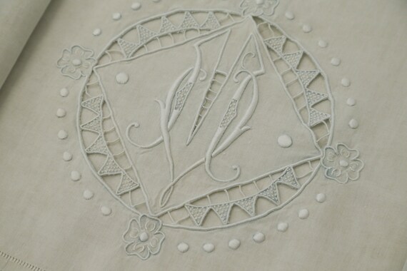 French Antique Pure Linen Embroidered Bedsheet (MV monogram)