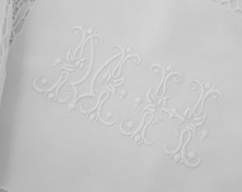 Pure Linen French Antique Embroidered Pillow Cases (MH monogram, Pair of 2)