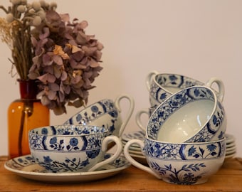Set von 6 Vintage Sarreguemines Tassen und Untertassen - DAMAS Muster - Elegantes französisches Geschirr