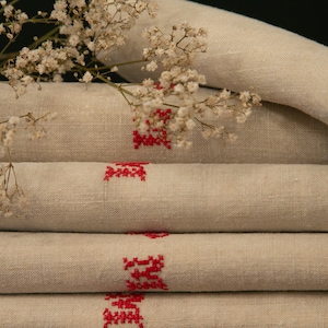 French Antique linen tablecloth - Two red stripes and PM monogram- Pack of 5