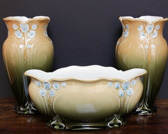 Ensemble of three French Vintage Vases Barbotine from De Bruyen - early 20th century