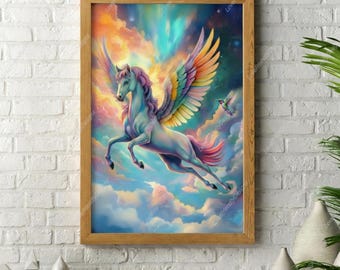 Grafika fantasy z pegazem | Kolorowy latający koń | Magiczna sztuka kolibra | Dekoracja ścienna do pokoju dziecięcego | PG1