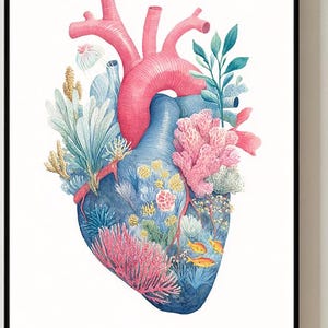 Anatomical Heart Coral Reef Art Print | Marine Biology Wall Decor | Medical Illustration Watercolor Art | Doctor Office Gift | AI Generated