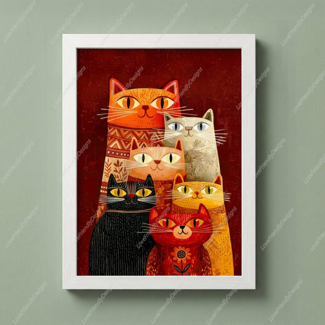 folk-art-cat-family-print-colorful-stacked-cats-whimsical-home