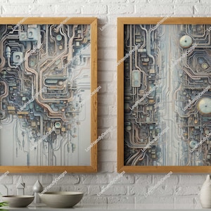 Vintage Circuit Board Prints - High Tech Abstract Design, Set of 2, Retro Tech Artwork