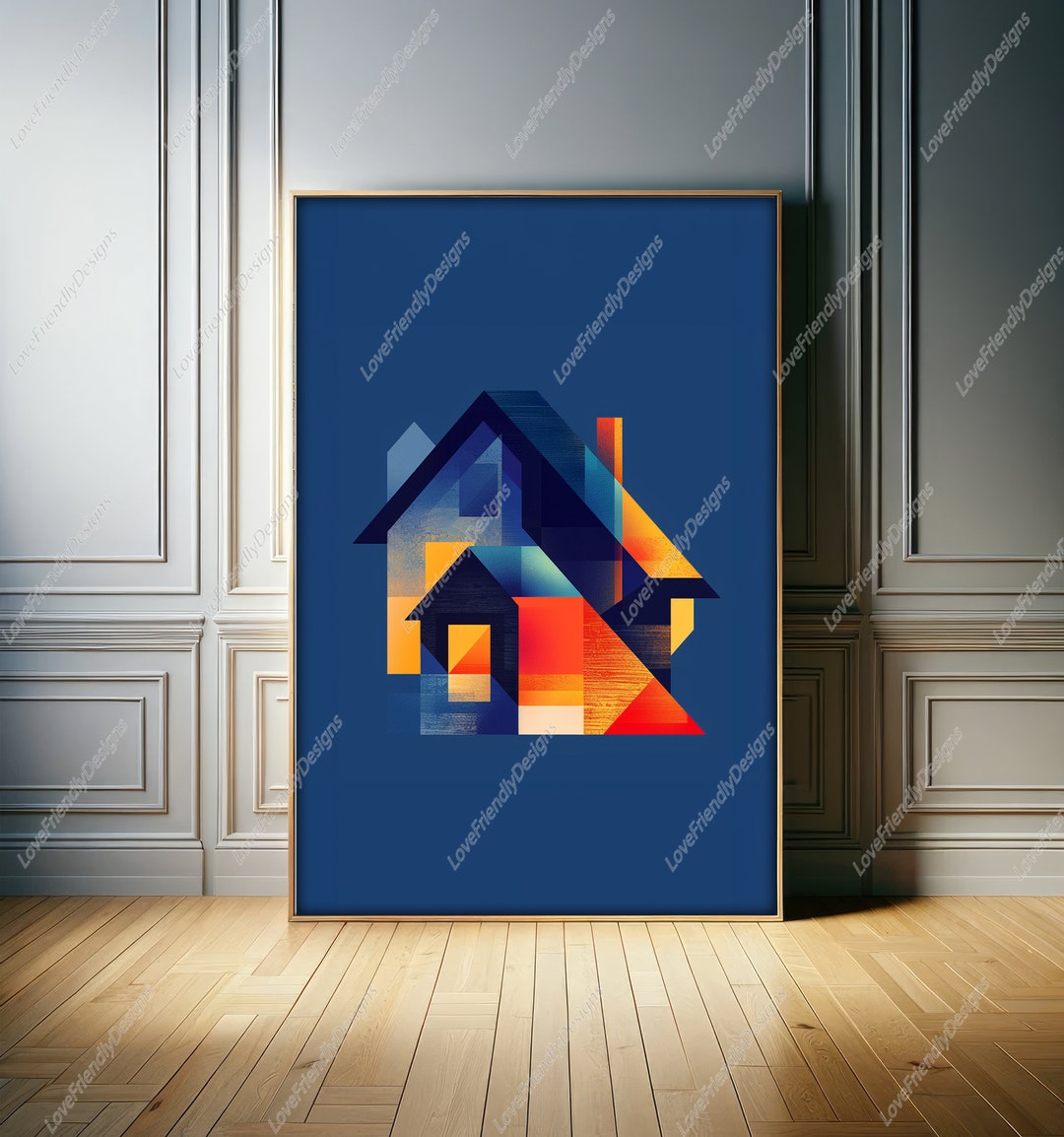 Modern Abstract Geometric House Art Print in Bold Colors Blue ...