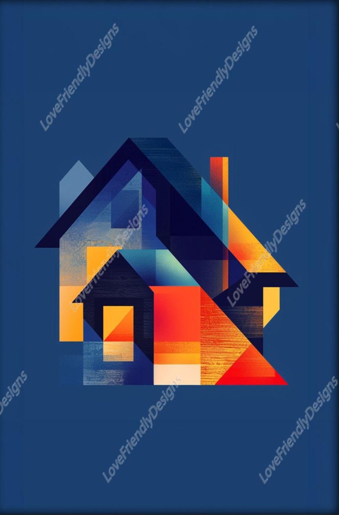 Modern Abstract Geometric House Art Print in Bold Colors Blue ...