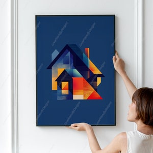 Modern Abstract Geometric House Art Print in Bold Colors Blue ...
