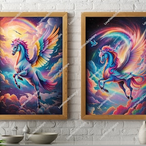 Dreamy Pegasus Fantasy Prints, Mystical and Whimsical Pegasus Art, Wonderland Skies Pegasus Poster, Colorful Pencil style Pegasus Art Print