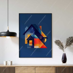Modern Abstract Geometric House Art Print in Bold Colors Blue ...