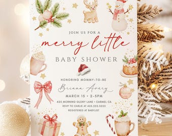 May include: A baby shower invitation with a Christmas theme. The invitation features festive illustrations of a reindeer, snowman, and gingerbread man. The text reads "Join us for a merry little baby shower". The invitation is decorated with gold accents and a pink bow.