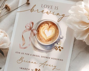 Love Is Brewing Bridal Shower Invitation • Blush Pink • Coffee Cup • Latte Invite • Cafe Theme • Phone • Instant Download • Editable