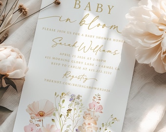 Faire-part pour une douche bébé en fleurs fleurs sauvages • Aquarelle florale • Saupoudrer, brunch, thé • Non sexiste • (Téléchargement numérique)