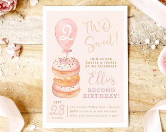 Donut Birthday Invitations • Two Sweet Invite • Blush Pink Balloon • Girl • 2nd • Editable • Instant Download