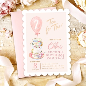 Tea for Two Birthday Invitations, Teacups Invitation, Birthday Tea Party, Blush, Pink, Two Year Birthday Invitations, Let's Partea!