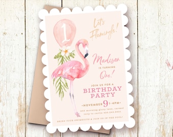 Set of 6 1st Birthday Girl Handmade Flamingo Shaped Invitations
