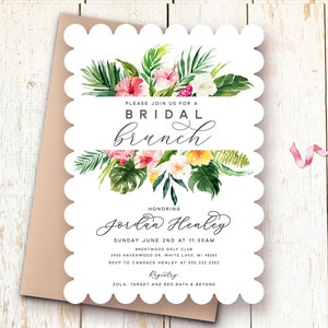 Luau Bridal Shower Invitations, Tropical Floral Bridal Brunch Invitations, Pink Hibiscus, Palm Leaves, Flowers, Invites, Elegant, Printable