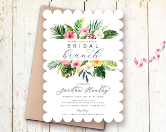 Luau Bridal Shower Invitations, Tropical Floral Bridal Brunch Invitations, Pink Hibiscus, Palm Leaves, Flowers, Invites, Elegant, Printable