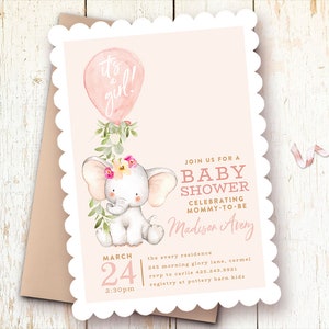 Elephant Baby Shower Invitations, Baby Girl Shower Invitations, Pink, Blush Baby Shower, Baby Elephant Invitation, Little Peanut Girl