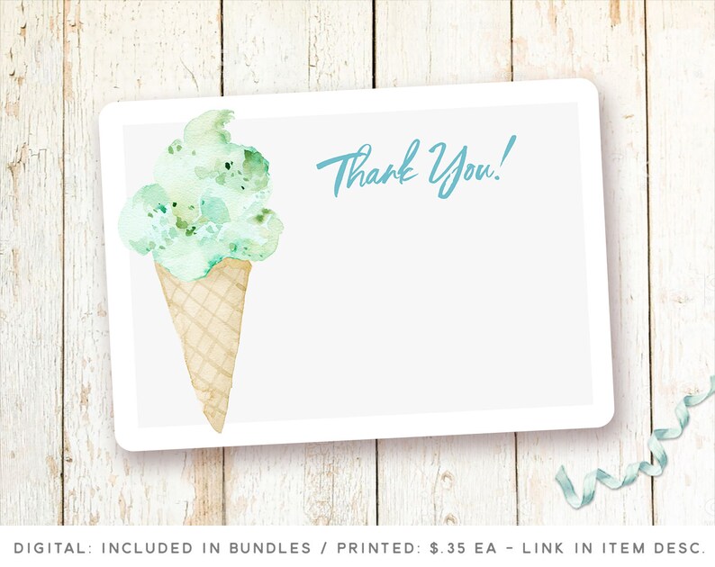 May include: A white card with a watercolor illustration of a green ice cream cone. The text "Thank You!" is written in blue on the card.