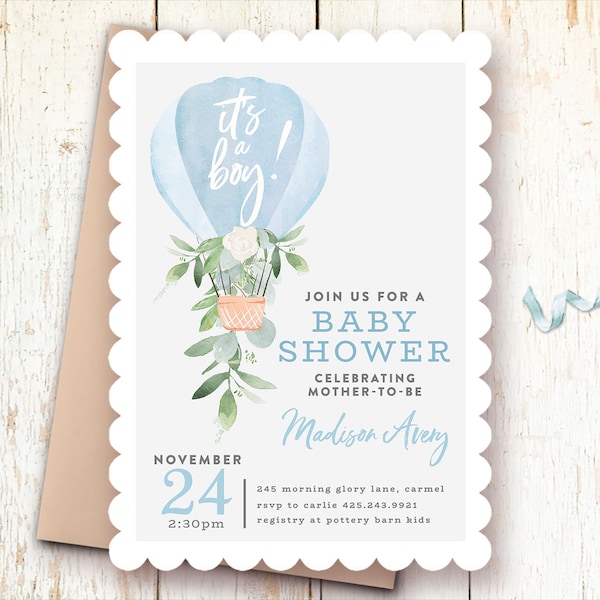 Hot Air Balloon Baby Shower Invitations, Baby Boy Shower Invitations, Blue Balloon, Up Up Away, It's a Boy Invite, Balloon Shower Invites