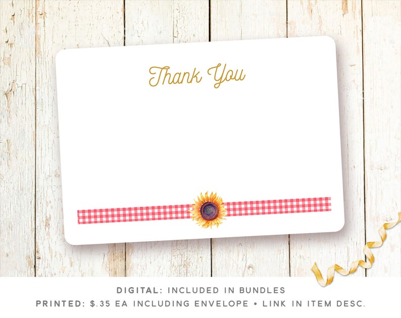 May include: A blank thank you card with a red and white gingham ribbon and a sunflower graphic. The text "Thank You" is printed in gold at the top of the card. The card is on a white wood background.