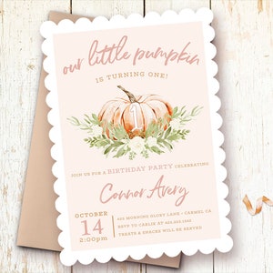Little Pumpkin Birthday Invitation, Fall Birthday Invitations, 1st Birthday Invitations Boy, Girl, Autumn Birthday, Orange Pumpkin, Neutral