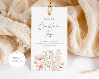 Etiqueta de presente editável com flores silvestres • Etiqueta de lembrancinha floral • Bebê em flor • Modelo Corjl • Download instantâneo