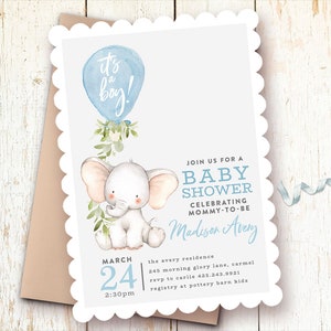 Elephant Baby Shower Invitations, Baby Boy Shower Invitations, Balloon, Baby Elephant Invitation, Little Peanut Baby Shower, Blue