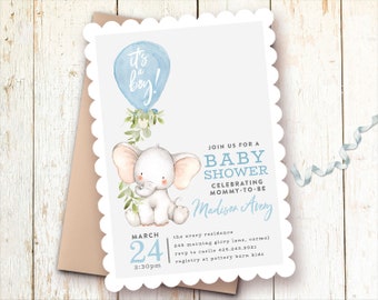 Elephant Baby Shower Invitations, Baby Boy Shower Invitations, Balloon, Baby Elephant Invitation, Little Peanut Baby Shower, Blue