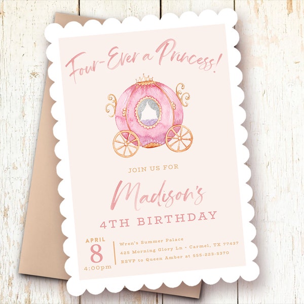 Four-Ever a Princess Birthday Invitations, Princess Party, Age 4, Four Year, Little Princess Invite, Carriage, Printed, Printable