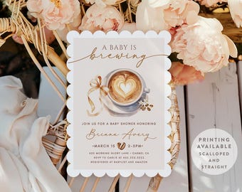 Baby Is Brewing Baby Girl Shower Invitation • Blush Pink Ribbon • Coffee • Latte Invite • PRINTED or DIGITAL