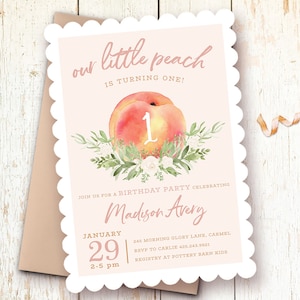 Peach Birthday Invitations, 1st Birthday Invitations Girl Peach, One Year Girl Invitations, Sweet as a Peach, Peach Theme Birthday Party