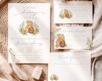 Winnie the Pooh Little Hunny Baby Shower Invitation • Boy • Honey Invite • Blue •   Phone • Text • Evite • Editable