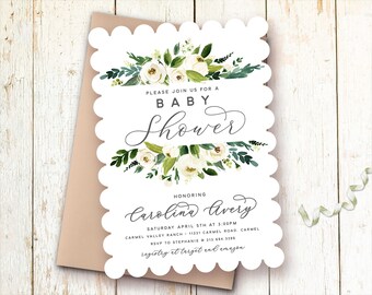 White Floral Greenery Baby Shower Invitations, Modern Baby Shower Invites, Gender Neutral, Printed, Printable