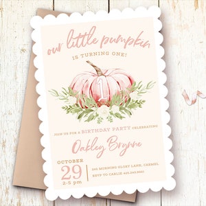 Pumpkin Birthday Invitations Girl, Pink Pumpkin Fall Birthday Invitations, 1st Birthday Invitations, Girl, Autumn Birthday, Blush, Printed image 1